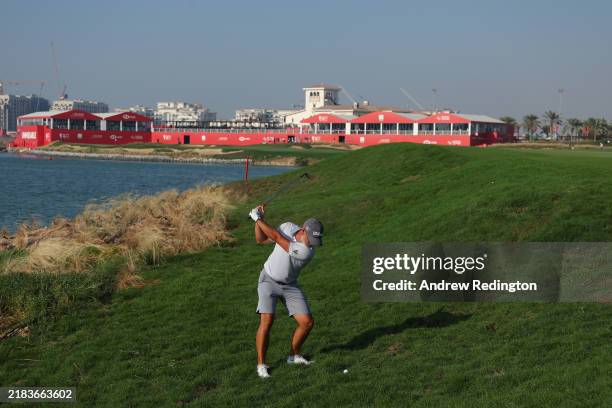 Paul Waring of England plays his second shot on the 18th hole on day two of the Abu Dhabi HSBC Championship 2024 at Yas Links Golf Course on November...
