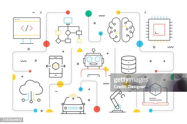 artificial intelligence related vector illustration. technology, futuristic, data, robot, connection, innovation, machine learning. - computer aided manufacturing stock illustrations