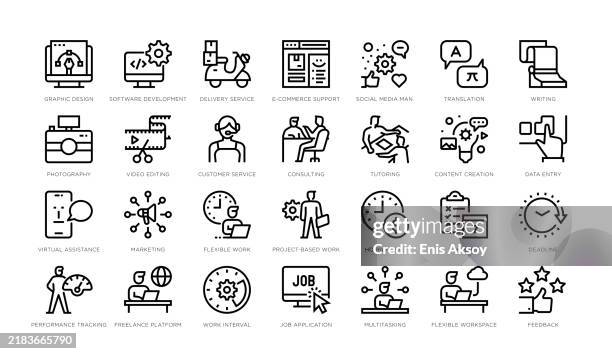 gig economy: fields and dynamics of work icons - employee feedback stock illustrations