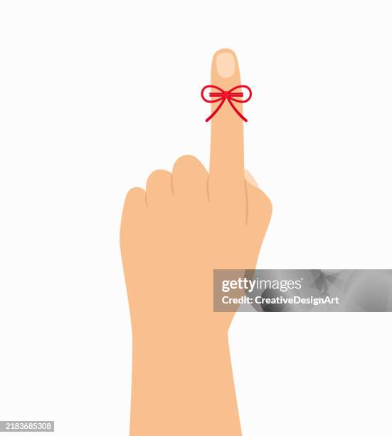 nahaufnahme der hand mit roter erinnerungsschnur um den finger - finger stock-grafiken, -clipart, -cartoons und -symbole