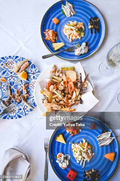 top view at seafood restaurant. - mediterranean diet stockfoto's en -beelden