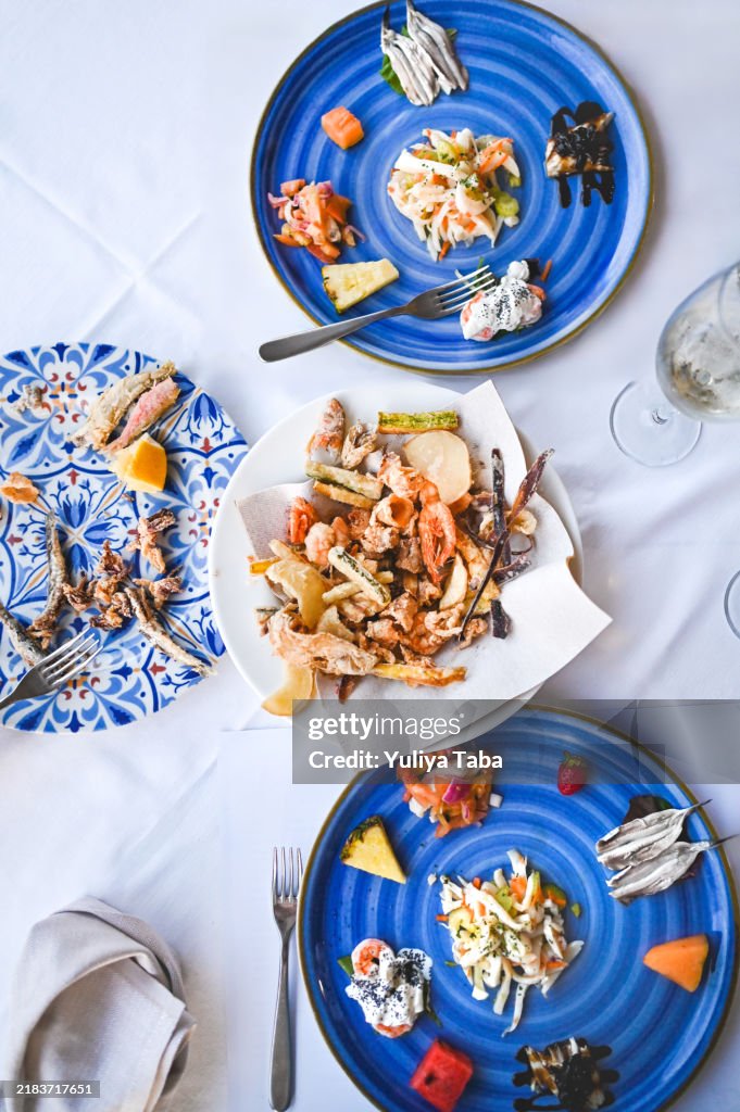 Top view at seafood restaurant.