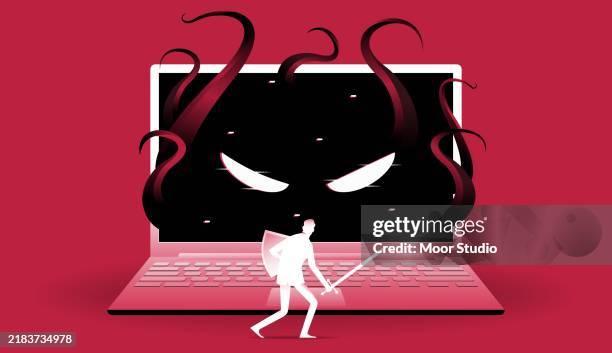 kampf gegen computerviren vektorillustration - tentakel stock-grafiken, -clipart, -cartoons und -symbole