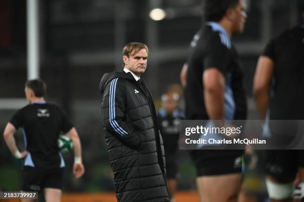 New Zealand head coach Scott Robertson looks on during the warm up ahead of the Autumn Nations Series 2024 match between Ireland and New Zealand All...