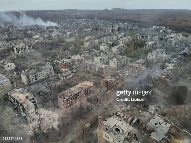 Drone view of the destroyed city on November 12, 2024 in Toretsk, Ukraine. Toretsk, in the Donetsk region, remains a hotspot as Russia forces advance...