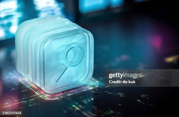 futuristisches digitales lupensymbol auf abstraktem hintergrund - information stock-fotos und bilder