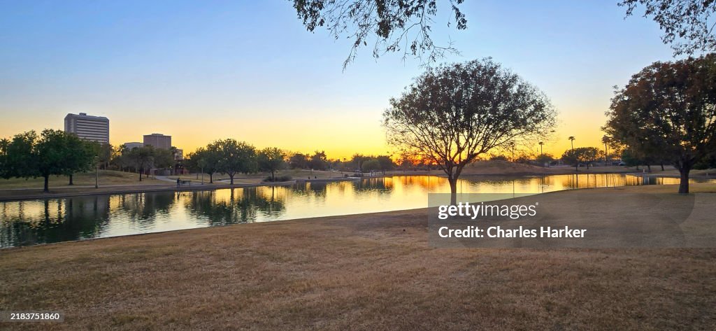 Steele Park lake in Phoenix Arizona at Autumn Sunset