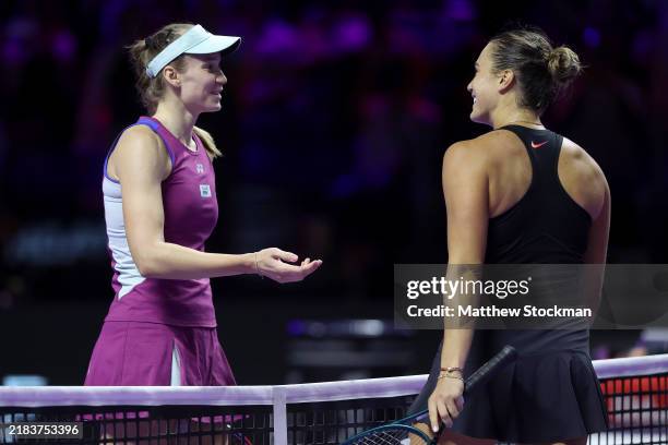 Elena Rybakina of Kazakhstan congratulates Aryna Sabalenka after her