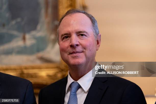 Senator-elect Adam Schiff looks on during a photo opportunity as Senate Majority Leader Chuck Schumer, Democrat of New York, welcomes newly-elected...