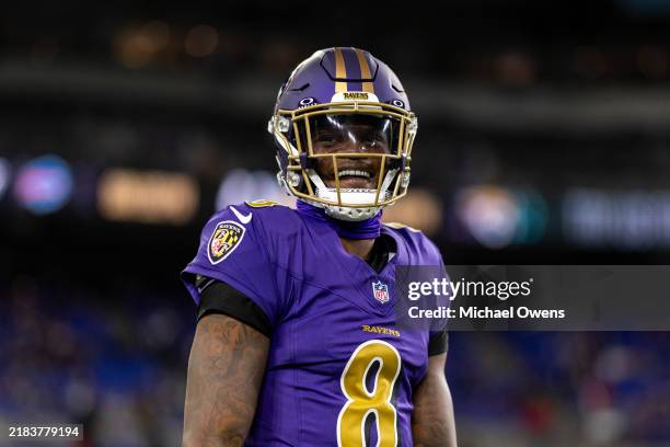 Lamar Jackson of the Baltimore Ravens reacts prior to an NFL Football game against the Cincinnati Bengals at M&T Bank Stadium on November 07, 2024 in...