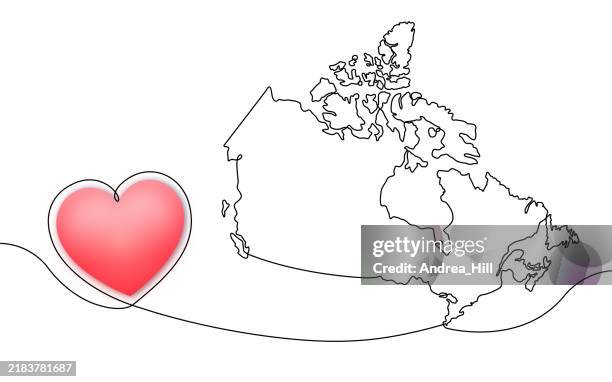 canada with heart single line drawing with a 3d vector heart. editable stroke and copy space - black and white colobus stock illustrations
