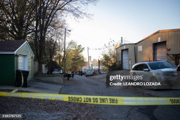 Caution tape blocks off an area after an explosion in the Clifton Neighborhood in Louisville, Kentucky, on November 12, 2024. The explosion at the...