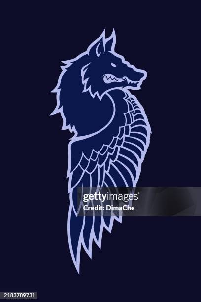 wolf, werewolf, dog with wings, flying wolf - winged wolf vector icon, logo, sticker, badge, tattoo concept - grey-wolf-canis-lupus-snarling-side-view stock illustrations