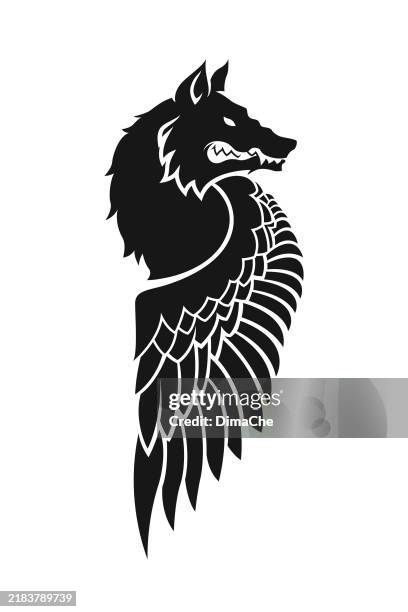 wolf, werewolf, dog with wings, flying wolf silhouette - cut out vector winged wolf icon, logo, sticker, badge, tattoo concept - grey-wolf-canis-lupus-snarling-side-view stock illustrations