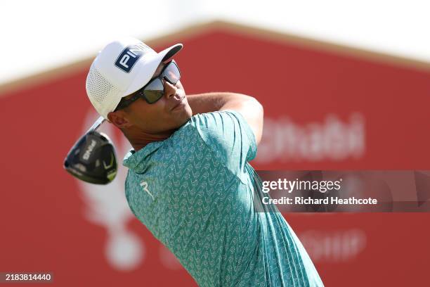 Johannes Veerman of the United States tees off on the second hole on day three of the Abu Dhabi HSBC Championship 2024 at Yas Links Golf Course on...