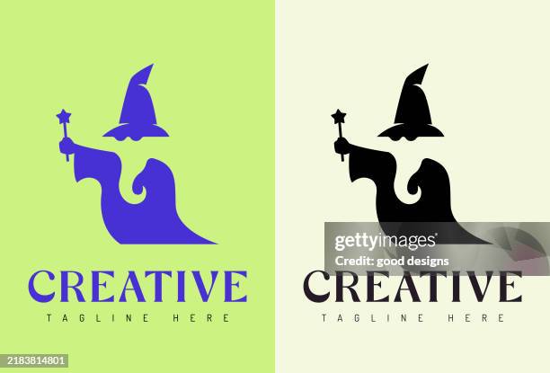 tiny wizard logo design - person wearing hat icon stock illustrations