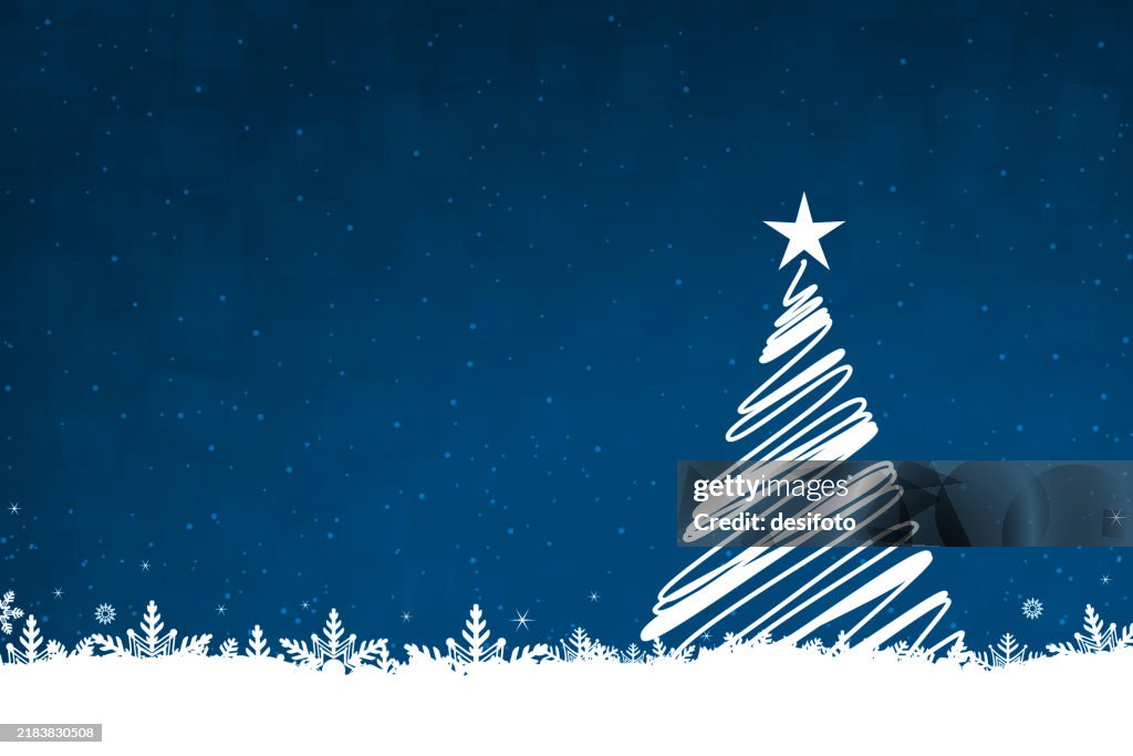 Horizontale dunkle mitternachtsblaue Weihnachtshintergründe eines kreativen weißen Weihnachtsbaums mit einem hell leuchtenden Sternbaum an der Spitze, Schnee und Schneeflocken auf dem ganzen Boden und glitzernder Schnee gefleckter Hintergrund mit Kopierr