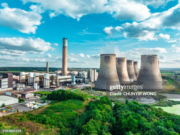 drone view of ratcliffe on soar power station in nottinghamshire - nottingham stock pictures, royalty-free photos & images