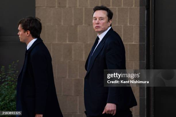 Elon Musk departs the Hyatt Regency Capitol Hill where President-elect Donald Trump spoke to House Republicans on November 13, 2024 in Washington,...