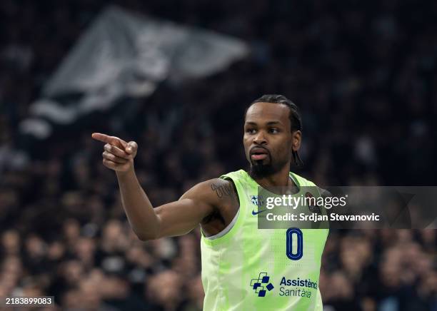 Kevin Punter, #0 of FC Barcelona reacts during the Turkish Airlines EuroLeague Regular Season Round 9 match between Partizan Mozzart Bet Belgrade and...