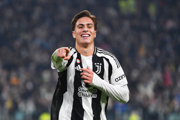 Kenan Yildiz of Juventus celebrates scoring his team's second goal during the Serie A match between Juventus and Torino at Juventus Stadium on...