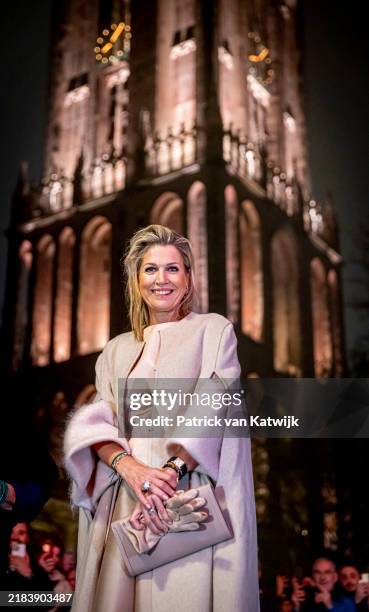 Queen Máxima of the Netherlands turns on the new lighting of the Dom Tower on November 9, 2024 in Utrecht, Netherlands. The unveiling of the light...