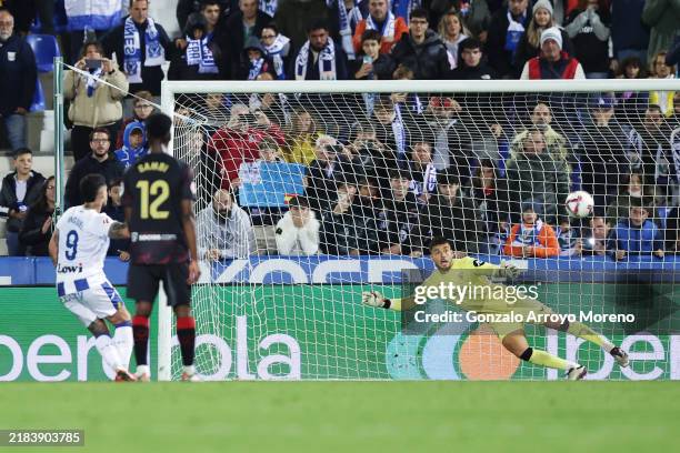 Alvaro Fernandez of Sevilla FC fails to make a save as Miguel De La Fuente of CD Leganes scores his team's first goal from the penalty spot during...