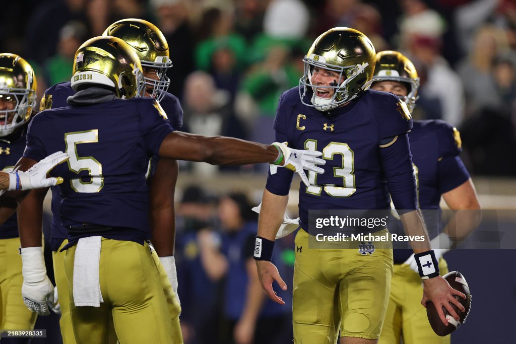 Florida Versus Riley Riley Leonard of the Notre Dame Fighting Irish celebrates a rushing ...