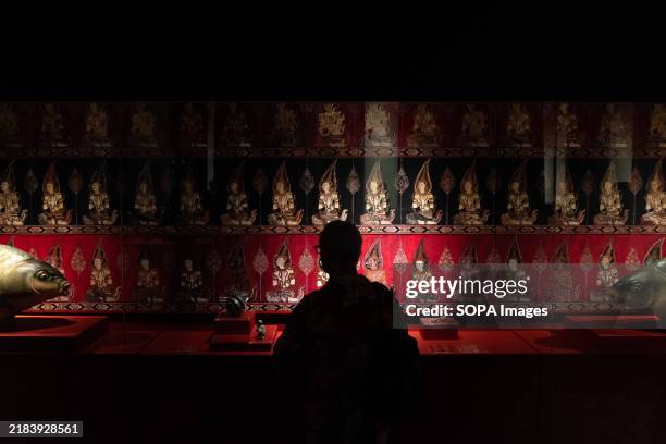 Visitor looking at an artwork by Thai artist Nakrob Moonmanas on display inside the National Museum, as part of the Bangkok Art Biennale 2024 in...