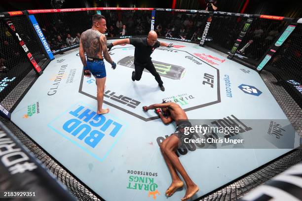 Carlos Prates of Brazil reacts after a knockout victory against Neil Magny in a welterweight fight during the UFC Fight Night event at UFC APEX on...