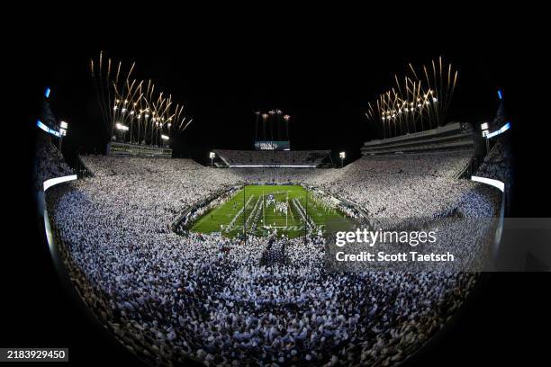 General view as fireworks explode as the Penn State Nittany Lions take the field before the White Out game against the Washington Huskies at Beaver...