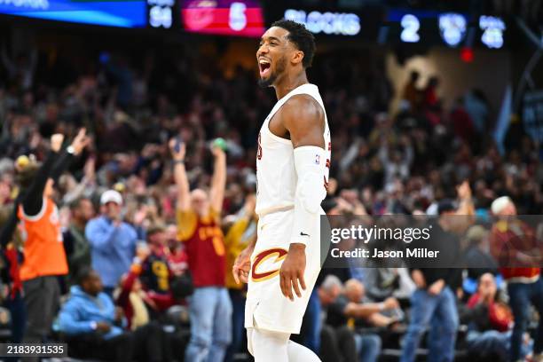 Donovan Mitchell of the Cleveland Cavaliers celebrates after the Cavaliers defeated the Brooklyn Nets at Rocket Mortgage Fieldhouse on November 09,...