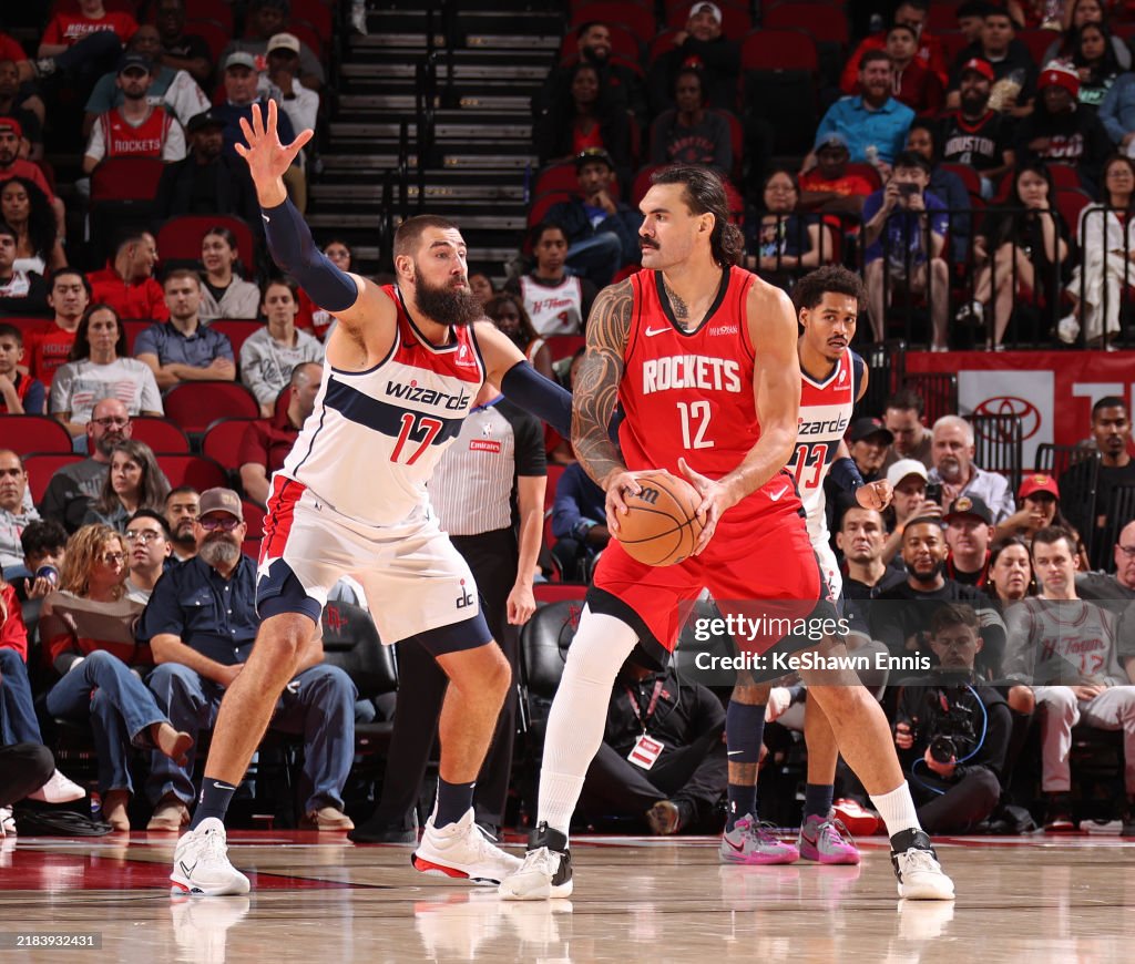 Wizards Rockets Steven Adams of the Houston Rockets looks to pass the ball during the ...