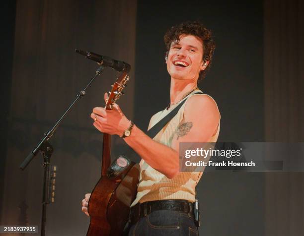 Canadian singer Shawn Mendes performs live on stage during a concert at the Tempodrom on November 13, 2024 in Berlin, Germany.