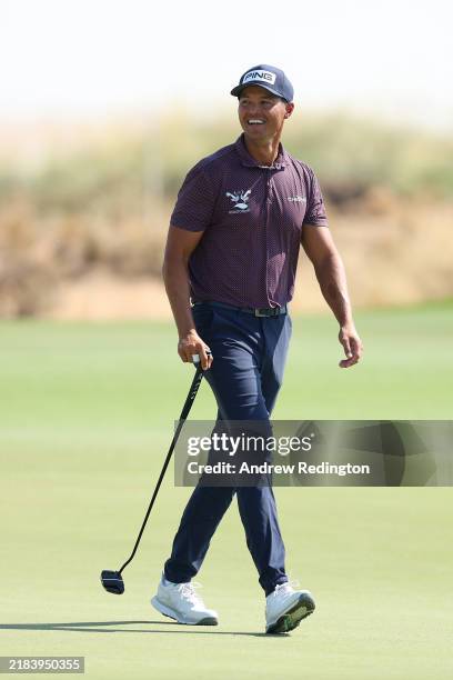 Johannes Veerman of the United States smiles on the fifth hole on day four of the Abu Dhabi HSBC Championship 2024 at Yas Links Golf Course on...