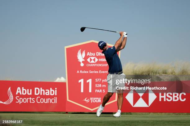 Paul Waring of England hits his tee shot on the 11th hole on day four of the Abu Dhabi HSBC Championship 2024 at Yas Links Golf Course on November...