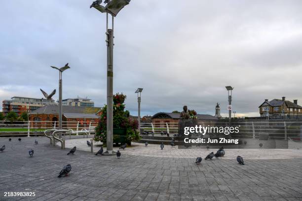 terry wogan memorial am shannon river in limerick, irland am frühen morgen - verwaltungsbezirk county limerick stock-fotos und bilder