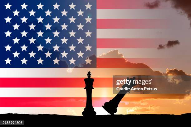 chess king and queen on the background of the us flag. choice concept - presidential election stock pictures, royalty-free photos & images