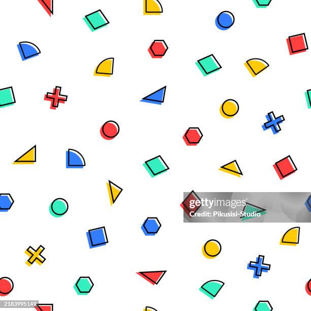 style cmyk geometric seamless pattern on white background. - 80s computer vector stock illustrations