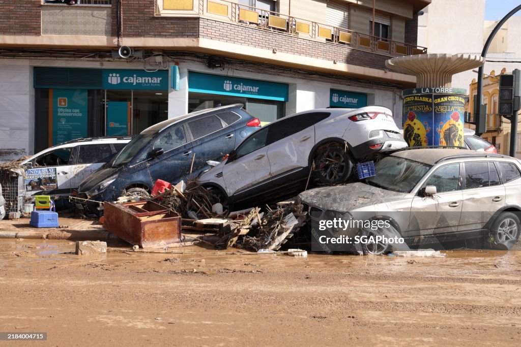 The resulting effect of a DANA Storm. Cars and other vehicles stacked upturned as effects of torrential flood in Valencia, Spain