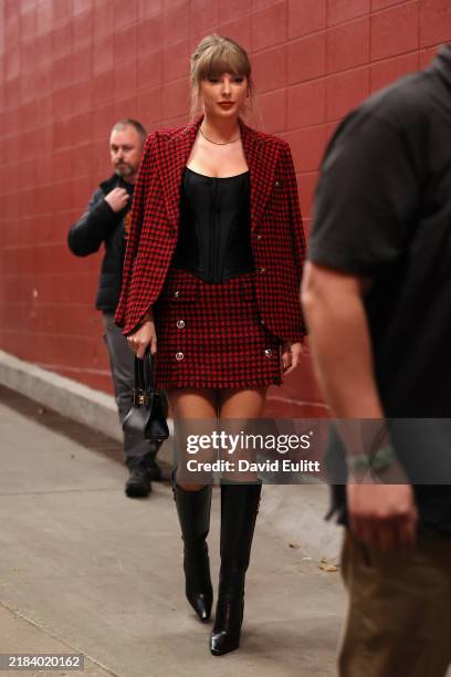 Taylor Swift looks on prior to a game between the Kansas City Chiefs and the Denver Broncos at GEHA Field at Arrowhead Stadium on November 10, 2024...