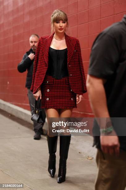 Taylor Swift looks on prior to a game between the Kansas City Chiefs and the Denver Broncos at GEHA Field at Arrowhead Stadium on November 10, 2024...