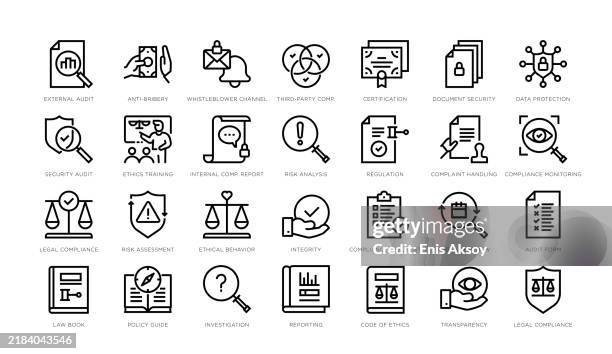 stockillustraties, clipart, cartoons en iconen met corporate compliance, auditing, and legal processes icons: risk management, legal compliance, and business ethics - regels