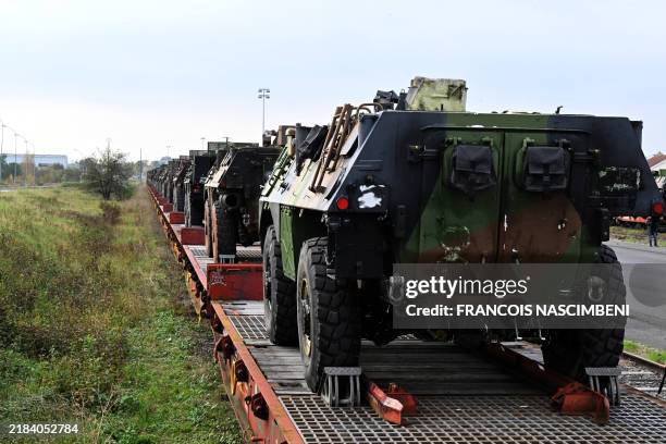 This photography shows VAB armoured personnel carrier's waiting to be sent to Ukraine as part of the "Champagne" Task Force, at the...