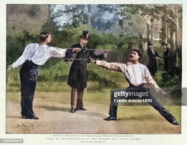ilustraciones, imágenes clip art, dibujos animados e iconos de stock de historia de la esgrima, duelo, dos hombres luchando en duelo con estoques, espadas, victoriano siglo xix - duelo