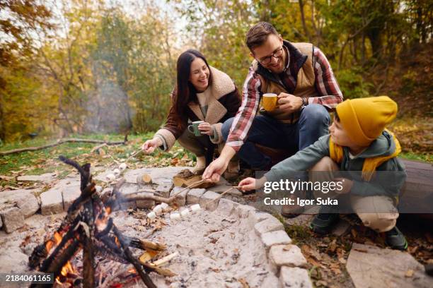 familie genießt lagerfeuer im herbst wald rösten von marshmallows - warmes licht stock-fotos und bilder