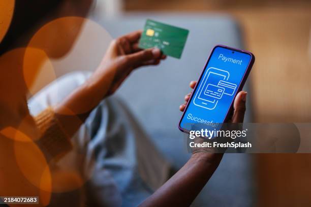 person completing a successful mobile payment with credit card - digital currency stock pictures, royalty-free photos & images