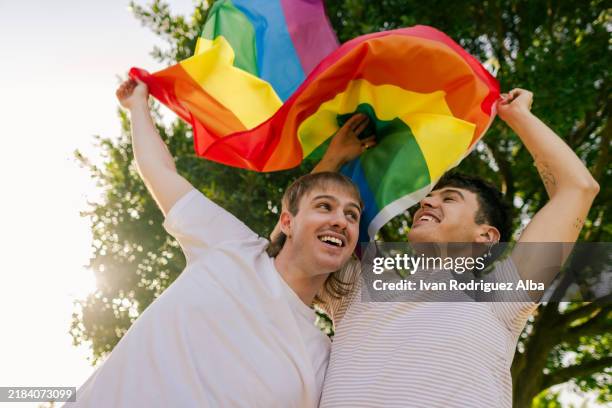 zwei männer mit regenbogenflagge feiern lgbtq+ pride in einem park - schwuler stock-fotos und bilder
