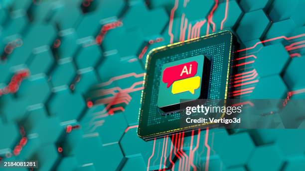 speech bubble on digital cpu background. chatbot ai - artificial intelligence. innovation and technology digital concept. honeycomb background - smart assistant stock pictures, royalty-free photos & images