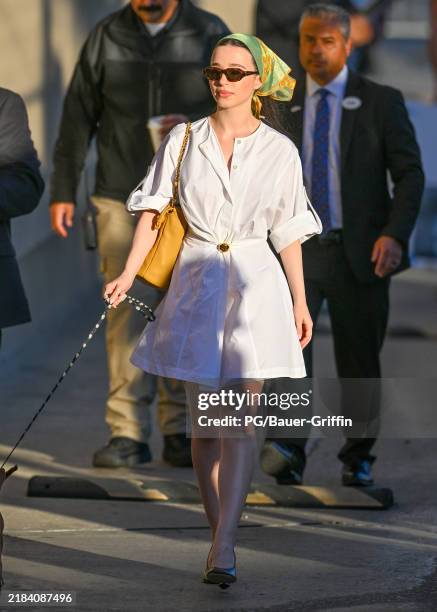 Mikey Madison is seen arriving to 'Jimmy Kimmel Live!' in a Loewe mini dress on November 14, 2024 in Los Angeles, California.